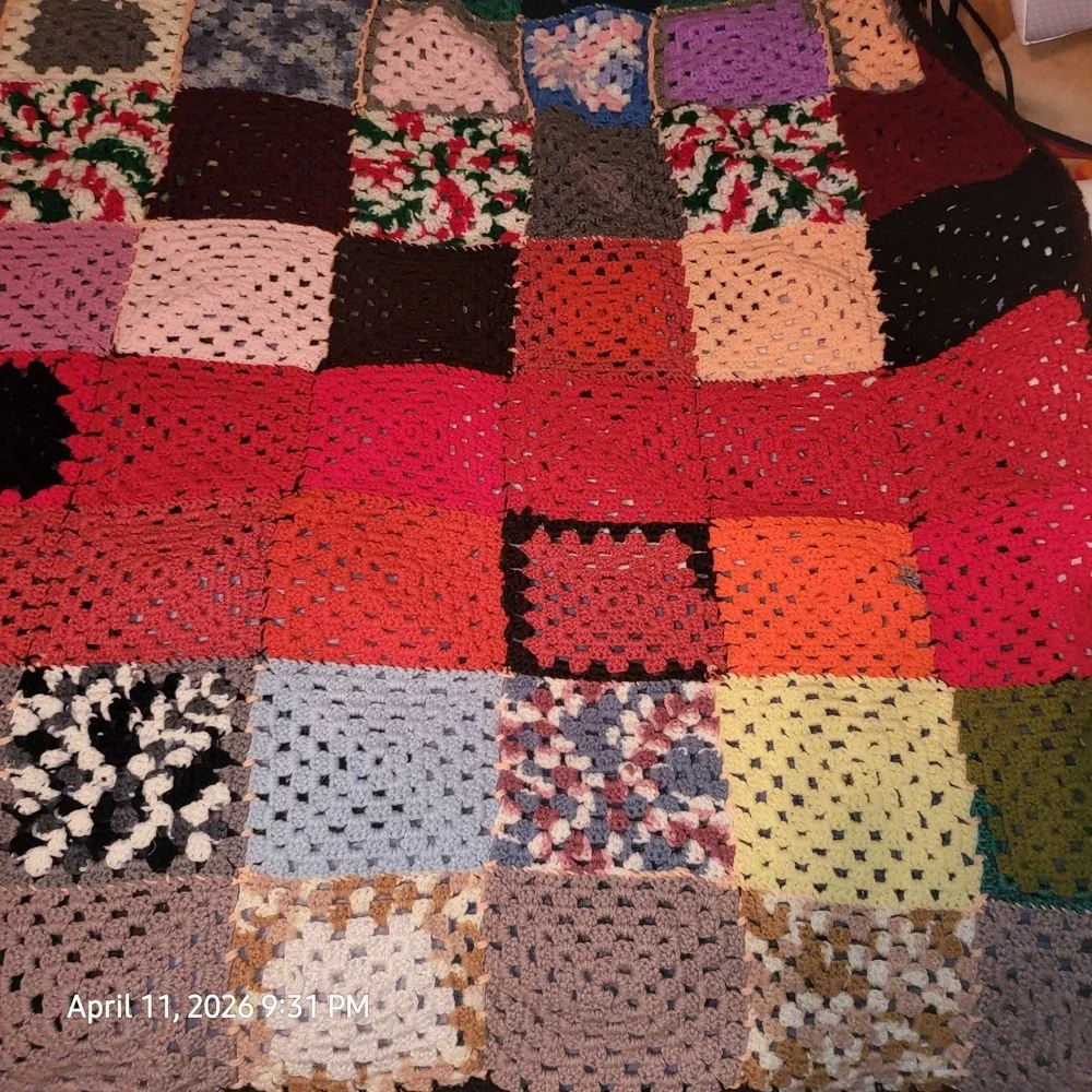 Granny Square Vintage Afghan Hand Crochet Multi-Color Blanket 72